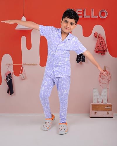 Image of 3BROS Unisex Pure Cotton Short Sleeve Kids Night Dress for Boys & Girls Nightwear /Sleepsuit /Sleepwear /Loungewear Night Suit for Boys and Girls Top and Pyjama Combo Set | JB20HS6031-Parent