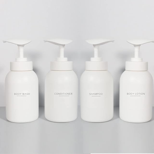 Ezebesta Set of 4 300ml Minimalist Soap Lotion Pump Dispensers with 22 Labels Bathroom White Dispenser Bottles