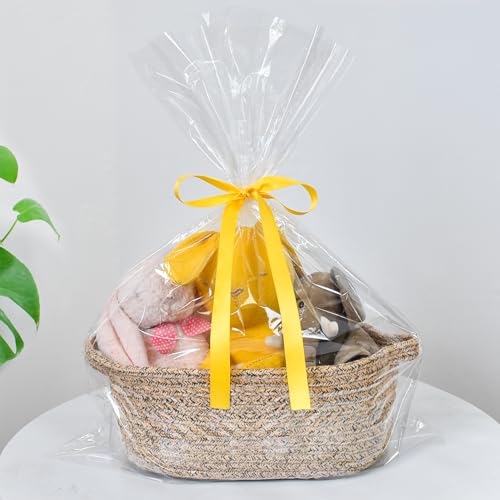Image of ABenkle Small Basket with Handles, Boho Decorative Rope Woven Dog Cat Toy Storage Bin Shelf Storage Organizer, Easter Christmas Gift Basket, 12 inchx8 inchx5 inch