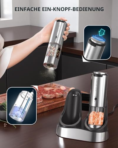CIRCLE JOY Wiederaufladbares Elektrische Salz und Pfeffermühle 2er Set aus Edelstahl mit 2-in-1 Ladestation, 95ml Behälter… – Ansicht 5