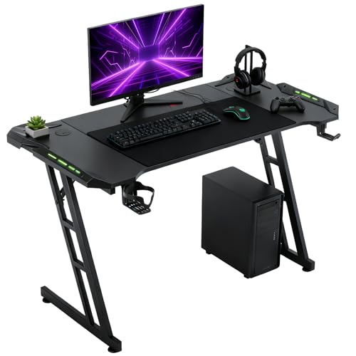 Suusonly Gaming Tisch Profi, 140x60cm Bürotisch & Computertisch mit Getränkehalter, Ergonomischer PC Schreibtisch Gaming, Höhenverstellbarer Schreibtisch Gaming für Gamer, Schwarz -Mit LED