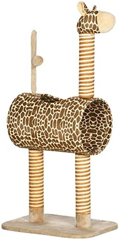 PawHut Cat Tree for Indoor Cats Cute Giraffe Kitten Play Tower w/ Scratching Posts, Tunnel, Toy Ball, 48.5 x 34.5 x 101cm - Beige
