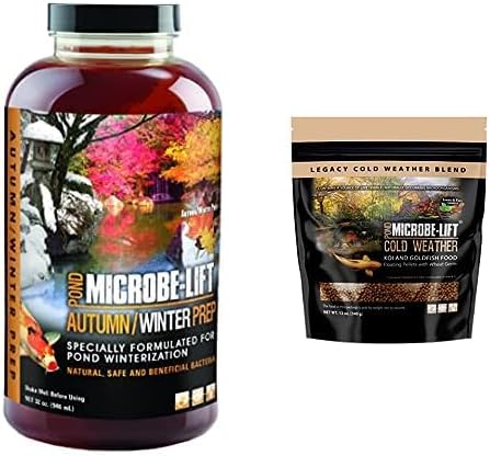 MICROBE-LIFT Autumn/Winter Prep Seasonal Conditioner for Ponds (32 Oz) and Cold Weather Floating Fish Food Pellets with Wheat Germ for Ponds (12 Oz) Bundle