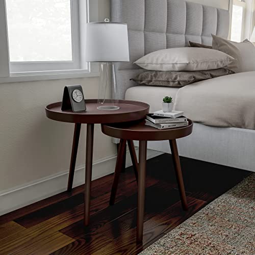 Lavish Home Nesting End Set Of 2 Round Mid-Century Modern Accent Table, Brown #TOP1