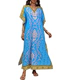 Kaftan Dresses for Women Floral Print Plus Size Moo Moos Caftans Swimsuit Cover up Caftan Maxi Beach Dress Loungewear Blue