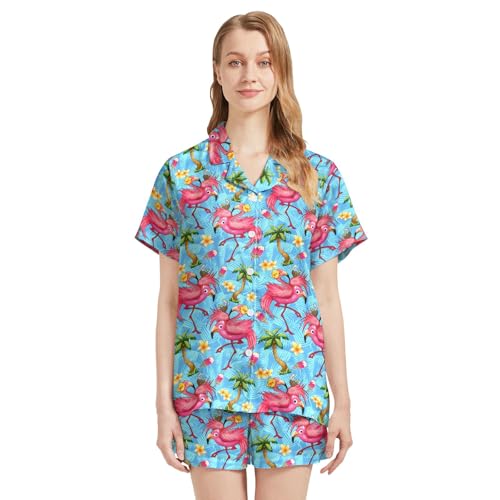 Image of Funny Pajamas for Women Set Print Satin Loungewear Pjs Short Sleeve Button Down Top and Shorts Sets Sleepwear XS-3XL