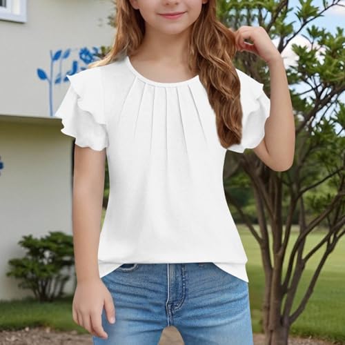 Girls Tshirts Ruffles Short Sleeve Plain Pleated Crew Neck T Shirts Tops Teen Kids Loose Fit School Casual Tees4