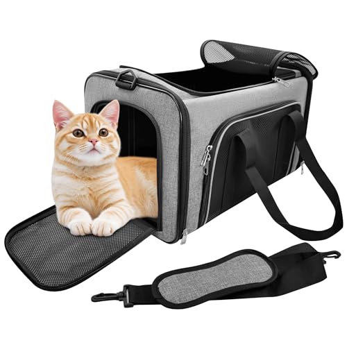 CareCooo Soft Cat Carrier Bag, Foldable Pet Carrier with Shoulder Strap, Airline Approved Hand-Carry Cat Travel Carrier, (Grey, 50x30x30cm)