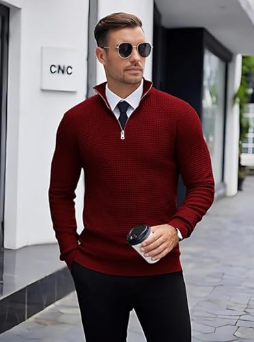 Image of TYSORT Men High Neck Zipper Full Sleeve Waffle Knitted Winter Sweater,Waffle Knit Sweater for Men