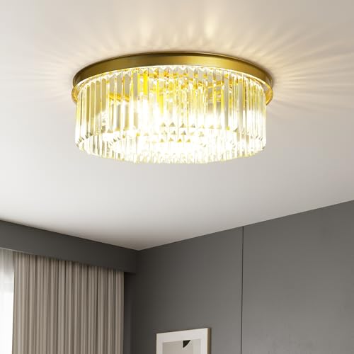 SanBouSi 60cm Kristall Deckenleuchte Kristall Kronleuchter Rund Klar Kristall Pendelleuchte Deckenlampe Schlafzimmer Kristall Lampe Gold 8 x E14 Lichter für Esszimmer, Küche, Wohnzimmer