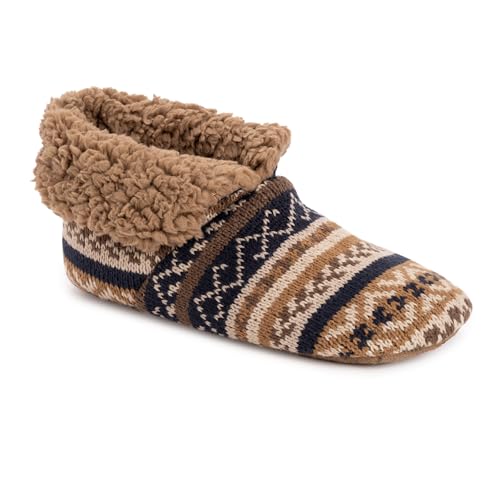 MUK LUKS Men's Bootie Slipper, Tan/Navy, Small-Medium