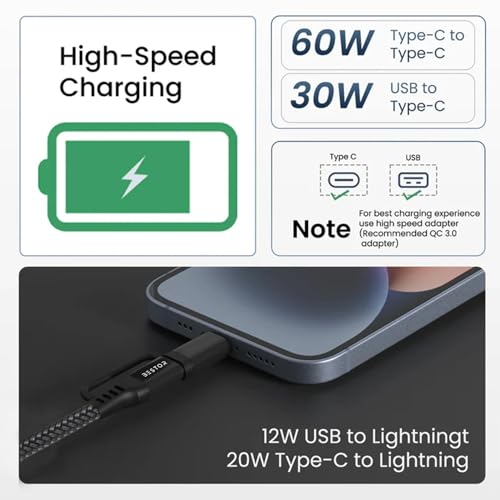 Image of BESTORUSB C Multi Fast Charging Cable 60W Nylon Braided Cord 4-in-1 3A USB A /C to Type C /Lightning Fast Sync Charger Adapter for Most Phones & Tablets (1.2 M)
