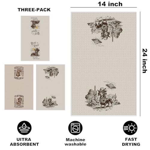 Image of 3 Pcs Western Dachshund Kitchen Towels 24x14 Inch, Preppy Cowboy Dachshund Gifts Reusable Dish Towels for Kitchen Decor, Waffle Weave Absorbent Hand Cloth Tea Towel, Weiner Dog Gifts for Women Friend