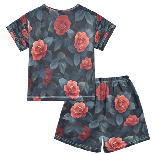 senya Short Sleeve Pajamas Sets Summer Cotton Sleepwear Red Camellia Green Leaves2