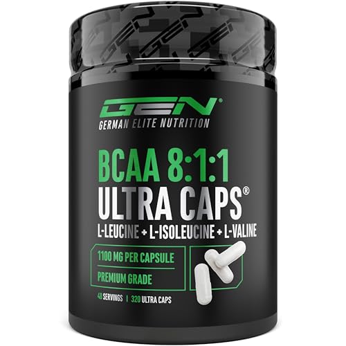 BCAA Ultra Caps 320 cápsulas - 1100 mg por Cápsula - Extra Alta Dosis y Puro - Relación 8:1:1 - L-Leucina, L-Isoleucina, L-Valina - Aminoácidos Esenciales