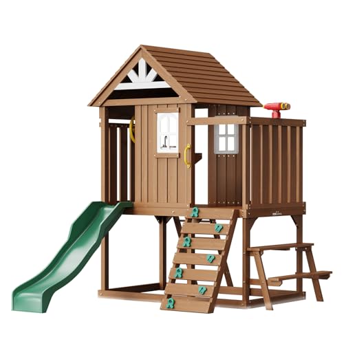 VEVOR Outdoor Wooden Playhouse, Modern Cedar Playhouse for Age 3-10 Years Kids, Garden Games Cottage, Country Style Cedar with Slide, Ladder, Climbing Wall, Windows, Picnic Table and Bench