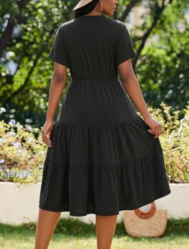 Image of PerZeal Women's Casual Tiered Midi Dress with Pockets - V Neck Short Sleeve Elastic Waist Ruffle Summer Dress for Daily Wear