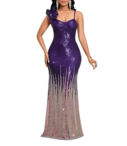 Image of Cololura Women Sexy Elegant Sequin High Split Ruffled Hem Mermaid Party Cocktail Bodycon Formal Evening Gowns Maxi Dress