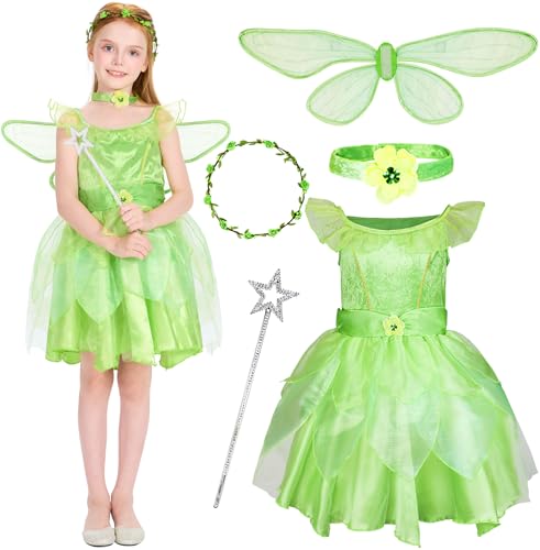 IKALI Mädchen Fee Kostüm Karneval Grün 5-tlg Waldfee Prinzessin Kleid Set mit Blumenkranz Für Kinder Gr. 98-140