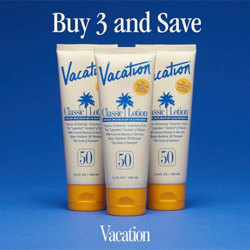Vacation Classic Sunscreen Lotion SPF 50, Water-Resistant, Lightweight, Transparent on All Skin Tones, Dermatologist-Tested, Vegan, Travel Size, 3.4 Fl. Oz. (Value Pack of 3)