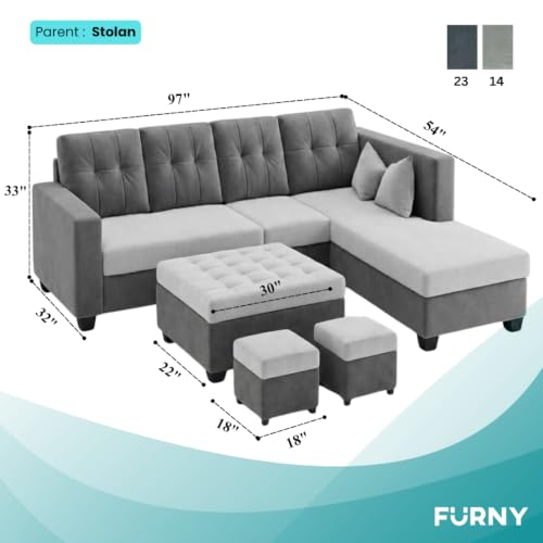 Image of FURNY Nathan 8 Seater L Shape Sofa Set RHS (Light Grey-Dark Grey) | Suede Velvet Finish | Durable Comfort Sofa for Modern Living Room & Office Spaces