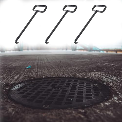 ZIMGOD 16mm Thick Manhole Puller Tool Heavy Duty, 3 Pcs Roadside Threaded Sewer Cover Lifter, Black Rebar Hooks for Lifting & Moving Drain Grate(42cm (16 1/2