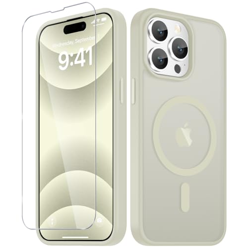 Image of YENAPOON for iPhone 14 Pro Max Case, Matte Magnetic Phone Cover [with 1 Screen Protector] [Support for MagSafe] [Shockproof Military Grade Protection] Translucent Frosted Back, Cream White