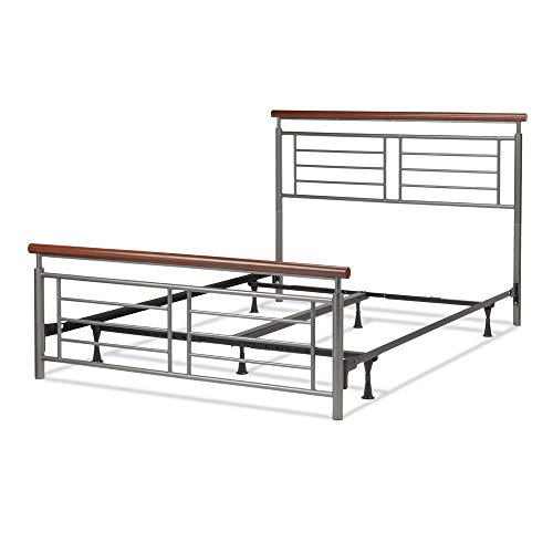 Fontane Complete Bed With Metal Geometric Panels And Rounded Cherry Top Rails, Silver Finish, Full #TOP12