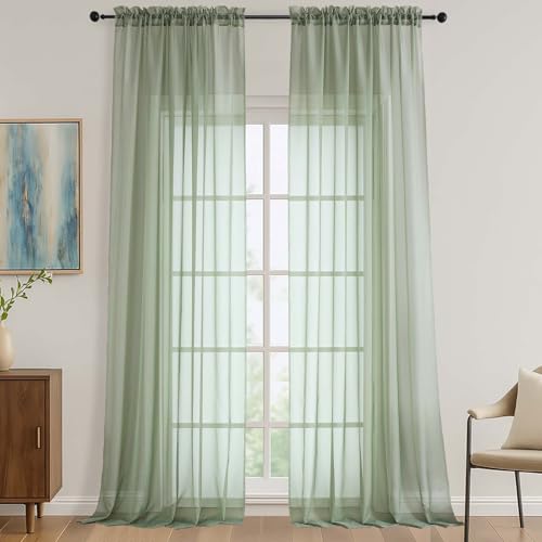 Image of OVZME Sage Green Sheer Curtains 120 Inches Long 2 Panels Set, 59 Inch Extra Wide Soft Airy Lightweight Sheer Curtains for Living Room, Farmhouse Voile Filmy Rod Pocket Drapes, 59Wx120L Inches