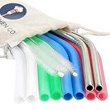 Reusable Silicone Drinking Straws - 12 Pieces Drinking Straws & Metal Stainless Steel Straws Bundle - 30oz and 20oz tumblers compatible Extra Long for Yeti/Rtic/Ozark by PINE KITCHEN CO (Pastel)