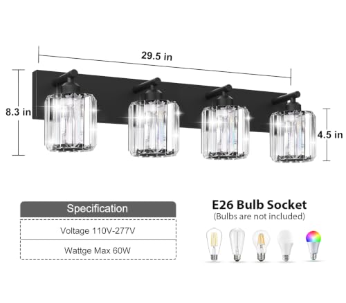Image of Black Crystal Bathroom Vanity Light, 4-Light Modern Bathroom Lighting Fixtures Over Mirror, Matte Black Wall Sconce Light Fixtures with Round Shade