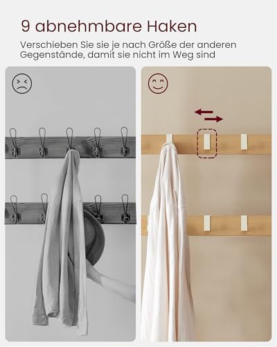 VASAGLE Garderobenständer, Garderobe, mit Schuhbank, 4-in-1 Design, 9 abnehmbare Haken, Kleiderstange, Eingangsbereich, Flur, 33,7 x 72 x 183 cm, modern, eichenfarben-weiß HSR40W