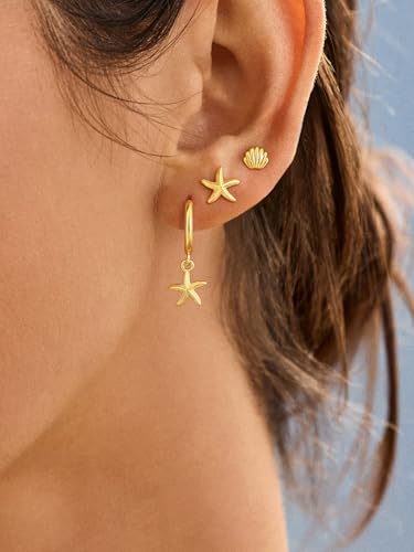 MBW Gold Starfish Earrings for Women, Small Dainty 14k Gold Plated Seashell Conch Pearl Hoop Dangle Earrings Stud Sets Beach Ocean Halloween Jewelry Gifts for Women Trendy3