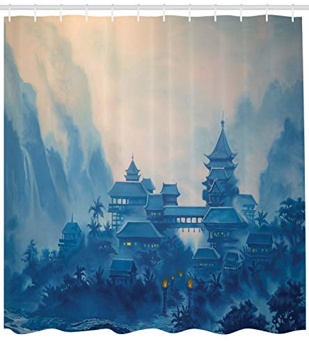 Ambesonne East Shower Curtain, Watercolor Painting Chinese Building Paint Mist At Night Oriental Image Illustration, Cloth Fabric Bathroom Decor Set With Hooks, 69" W X 70" L, Blue #TOP1