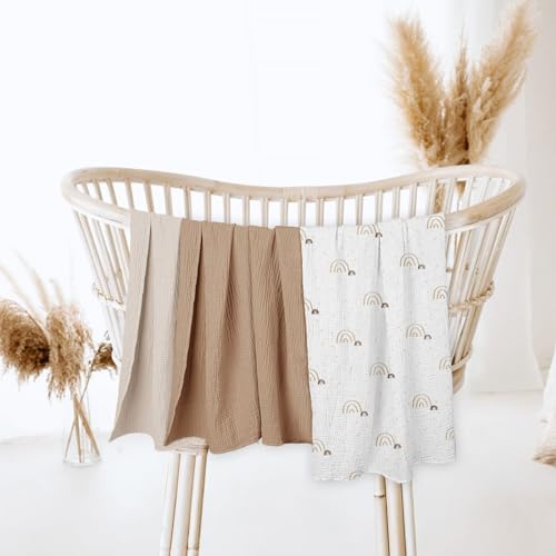 lulumoon Baby Muslin Swaddle Blankets: Soft Receiving Blanket for Newborn - Cotton Swaddling Blanket for Neutral 3Pack(Rainbow Brown)