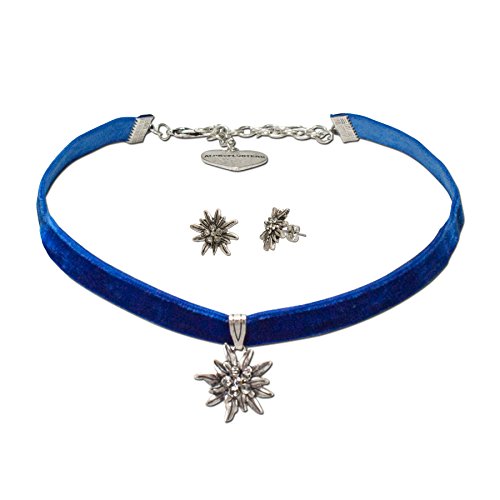 Alpenflüstern Trachtenschmuck-Set Trachten-Samt-Kropfband und Ohrstecker Strass-Edelweiß - Damen-Trachten-Schmuck, Trachtenset Trachtenkette und Trachten-Ohrringe blau SET016