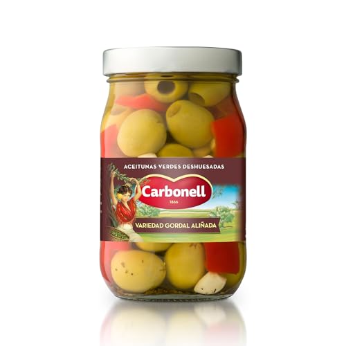 Carbonell - Aceitunas Verdes sin Hueso de Gran Tamaño, Estilo Gordal, con Suave Aliño de Ajo y Orégano, Exquisita Selección de Aceitunas Firmes y Crujientes - 350 g