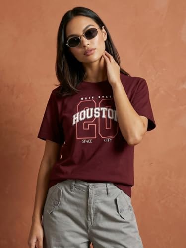 Image of Nobero Women's Graphic Printed T-Shirt | Regular Fit 180 GSM Cotton Tee for Women | Comfortable Round Neck Casual Wear