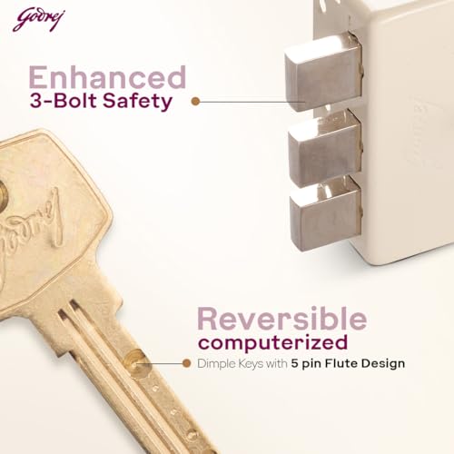 Image of Godrej Rim Lock I Tribolt Compact 1CK Door Lock | Triple Bolt Lock for Wooden Door | 3 Reversible Keys | Puller Ring Anti-Lockout |21mm Latchbolt 60mm Backset I 5 Year Warranty | Cool Ivory