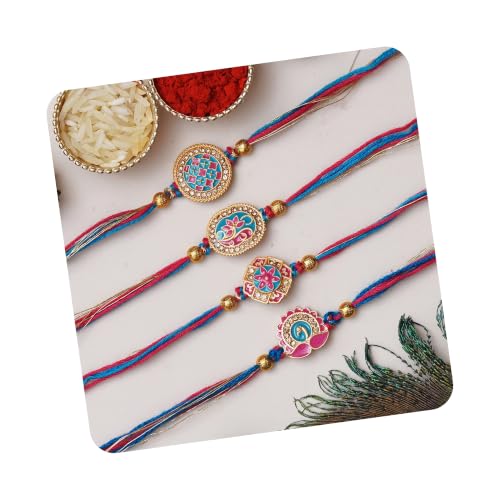 Image of eCraftIndia Set of 4 Lord Ganesha Peacock Krishna & Kalash Designer Rakhis for Brother Bhaiya Bhai | Roli Chawal Pack