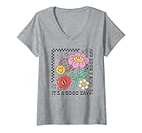 T-shirt rétro drôle avec visage souriant heureux marguerite jaune groovy fleur dessin animé hippie chemise des années 70 fleurs tendance avec dicton positif fille chemise fleur avec un visage de sourire orange et rose t-shirt d'été rétro vintage floral citation de motivation pour femme