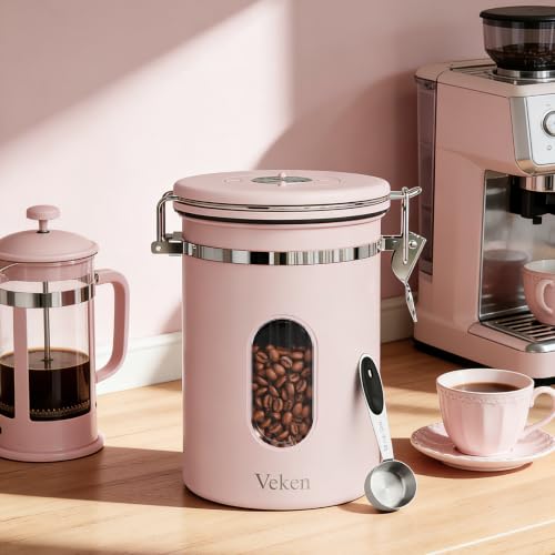 Image of Veken Coffee Canister with Window, Airtight Stainless Steel Container, 22OZ | Date Tracker,Kitchen Food Storage Organizers for Beans, Ground, Espresso, Rice,Tea, Sugar,Cereal, Gifts,Lids,Jars,Scoop, Pink