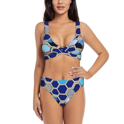 Maillot de bain 2 pièces femme à hexagones bleus idéal pour vos vacances