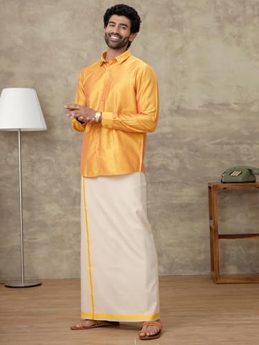 Image of RAMRAJ COTTON Men Parsley Silk Cotton Full Sleeves Shirt with Matching Border Tissue Dhoti Set