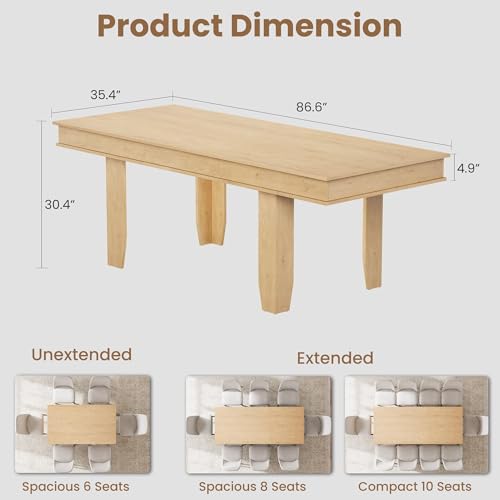 Image of GarveeHome 63 in-86.6 in Extendable Dining Room Table for 6-10, Farmhouse Kitchen Tables w /Wooden Sturdy Frame, Large Rectangular Dinner Table for Dining Room, Kitchen