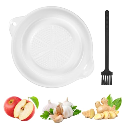 Garlic Grater Plate, 11x9x2cm Round Ceramic Ginger Garlic Graters with Brush, Ceramic Garlics Grater, Non-Slip Bottom, Easy to Clean, for Vegetables and Spices, Feeding Tool for Baby (White)