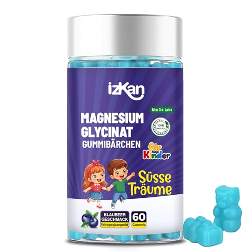 Magnesiumglycinat-Gummibärchen für Kinder Vitamin B6 & Melatonin Gummis für Schlaf Entspannung Gehirn Konzentration und Knochen Glutenfrei Ohne Gentechnik Vegan 60 Gummies (Heidelbeere)