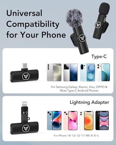Image of Wireless Mic for Youtubers, Mini Mic for Android /iPhone with Magnetic Clip, Noise Cancellation Wireless Microphone for Video Recording, Vlog, TikTok, 6H, 65ft (2 Channel Type-C)