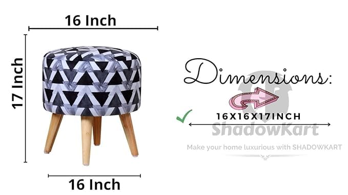 Image of Ottoman for Living Room, Velvet Round Foot Rest Stool, Wooden Legs Chair for Sitting, Ottoman for Bedroom & Makeup Room Decor | Chair (18 inchx18 inchx32 inch), Puffy (16 inchx16 inchx17 inch) | Black Triangle