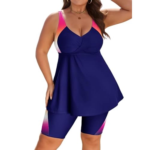 Arolina Plus Size Swimsuit for Women Two Piece Modest Tankini Full Coverage Tummy Control Bathing Suits with Shorts Navy Pink Gradient Small